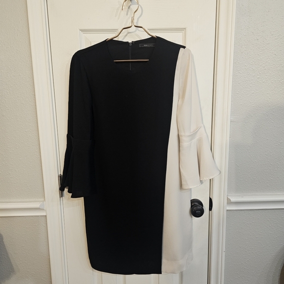 BCBGMaxAzria Black and Cream Bell Sleeve Sheath Dress - Picture 1 of 5